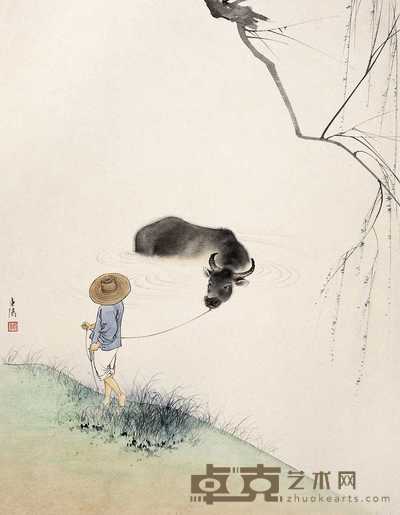 陈东阳 浴牛图 立轴 43×33cm